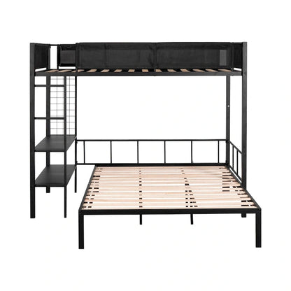 Metal Twin over Full Bunk with Shelves & Grid Panel/ Sturdy Metal Bed Frame Separated Full size Bed