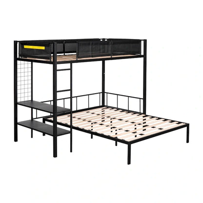 Metal Twin over Full Bunk with Shelves & Grid Panel/ Sturdy Metal Bed Frame Separated Full size Bed