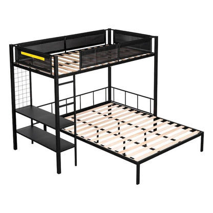 Metal Twin over Full Bunk with Shelves & Grid Panel/ Sturdy Metal Bed Frame Separated Full size Bed