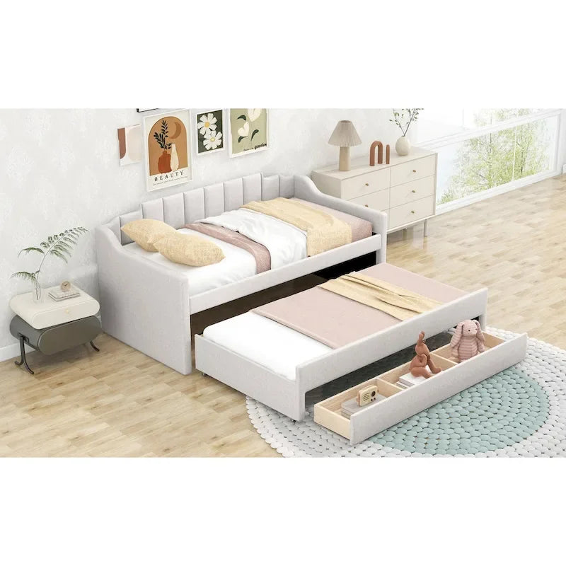 Twin Size Upholstered Daybed with Trundle and Three Drawers,Beige