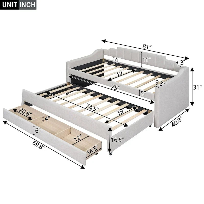 Twin Size Upholstered Daybed with Trundle and Three Drawers,Beige