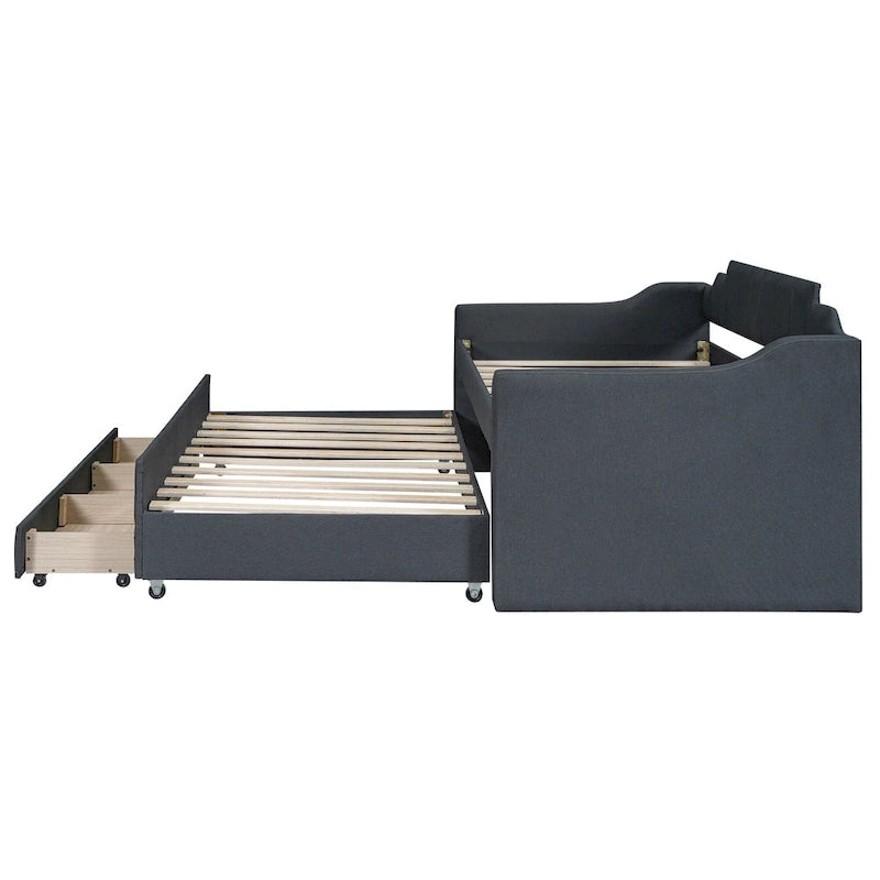 Twin Size Upholstered Daybed with Trundle and Three Drawers,Beige