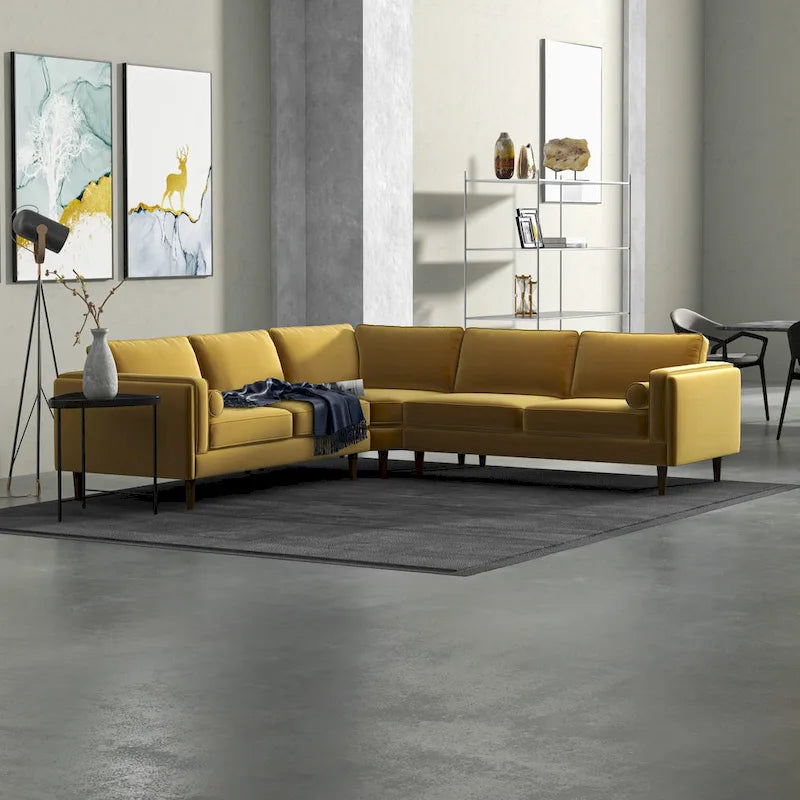 Flavio Mid Century Pillow Back Velvet Symmetrical Corner Sofa in Gold