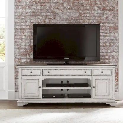 Magnolia Manor Antique White & Weathered Bark Entertainment TV Stand - 73 Wide