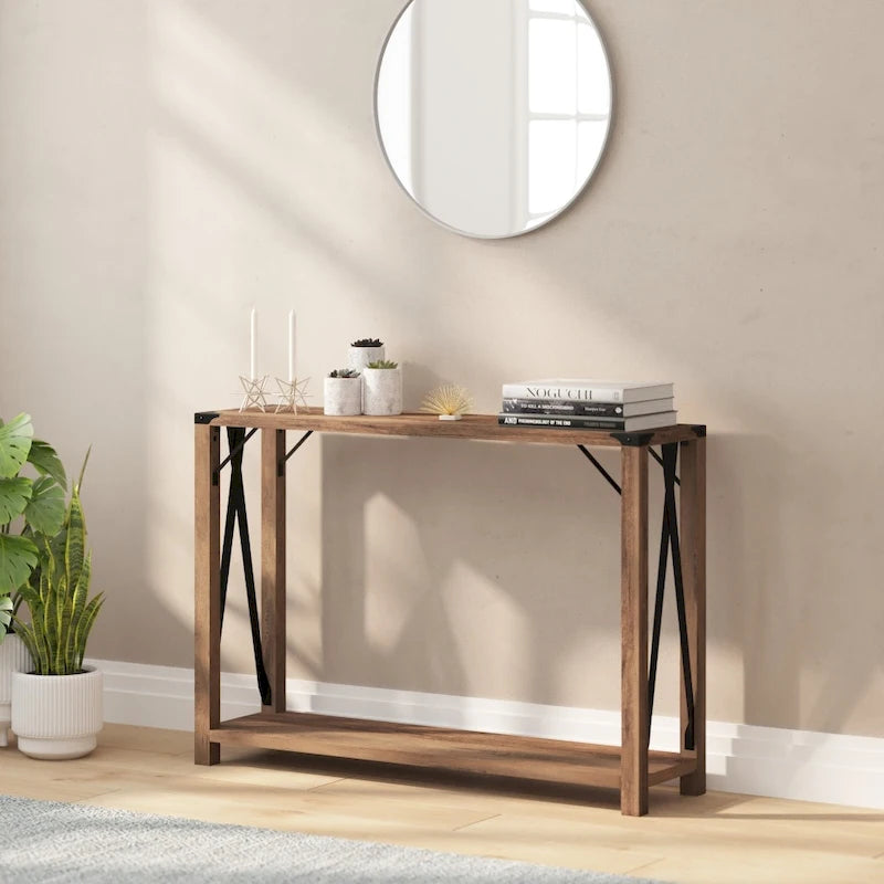 2-Tier Console Table with Metal Side Braces and Corner Caps