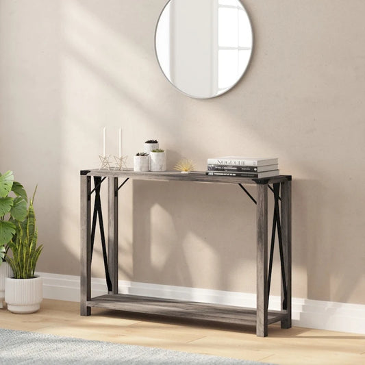 2-Tier Console Table with Metal Side Braces and Corner Caps