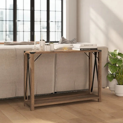 2-Tier Console Table with Metal Side Braces and Corner Caps