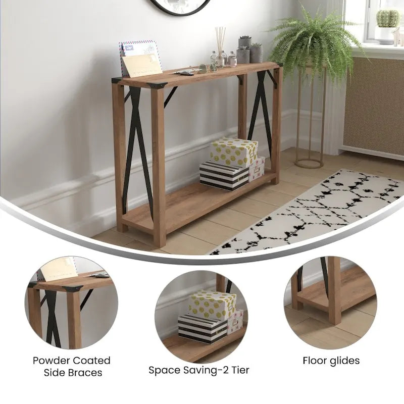 2-Tier Console Table with Metal Side Braces and Corner Caps