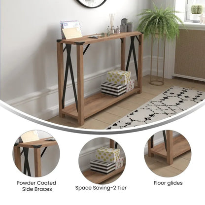 2-Tier Console Table with Metal Side Braces and Corner Caps