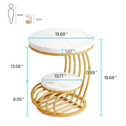 Gold Round End Table, 2 Tiers Side Table with White Faux Marble Top
