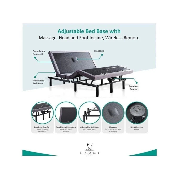 Idealbase Adjustable Bed Base with 3 Speed Foot Massage Head and Foot Incline Wireless Remote