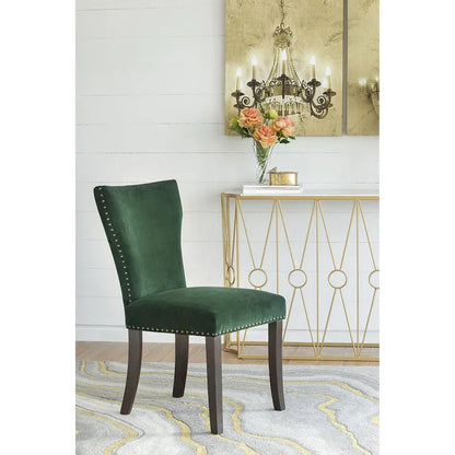 Velvet Armless Nail Head Wooden Dining Chairs 37 Green and Brown 2Ct