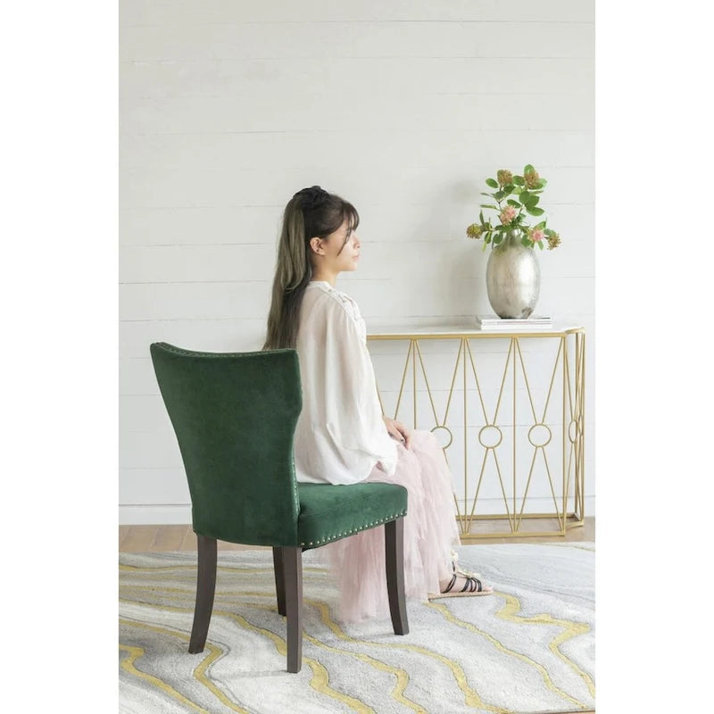 Velvet Armless Nail Head Wooden Dining Chairs 37 Green and Brown 2Ct