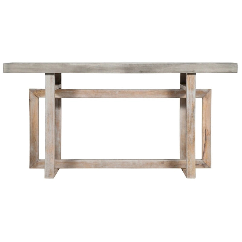 59 Inch Artisan Crafted Farmhouse Console Table with Geometric Interlocked Base, Rustic Light Brown