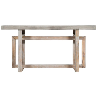 59 Inch Artisan Crafted Farmhouse Console Table with Geometric Interlocked Base, Rustic Light Brown