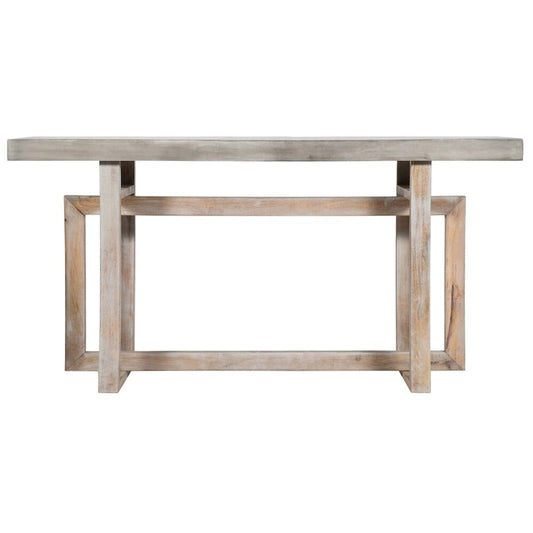 59 Inch Artisan Crafted Farmhouse Console Table with Geometric Interlocked Base, Rustic Light Brown