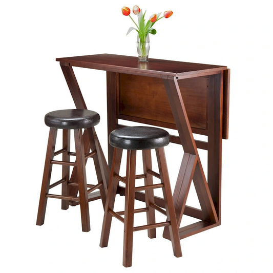 3-Pc Drop Leaf High Table with Cushion Seat Counter Stools, Walnut and Espresso
