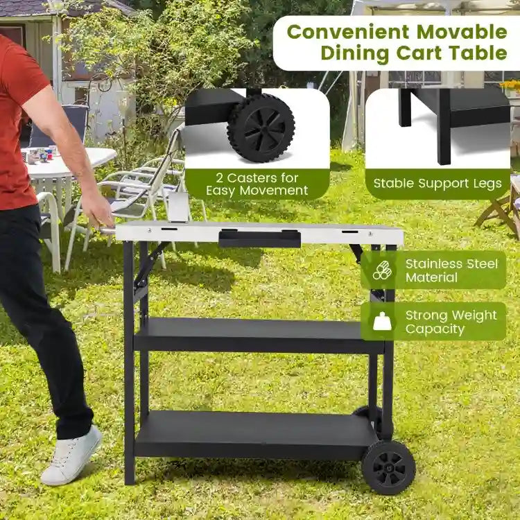 3 Tiers Foldable Outdoor Cart on 2 Wheels with Phone Holder-Black - 42 x 20.5 x 33 (L x W x H)