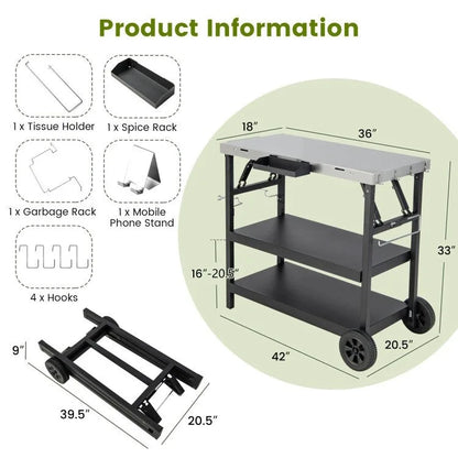 3 Tiers Foldable Outdoor Cart on 2 Wheels with Phone Holder-Black - 42 x 20.5 x 33 (L x W x H)