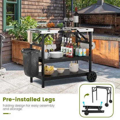 3 Tiers Foldable Outdoor Cart on 2 Wheels with Phone Holder-Black - 42 x 20.5 x 33 (L x W x H)