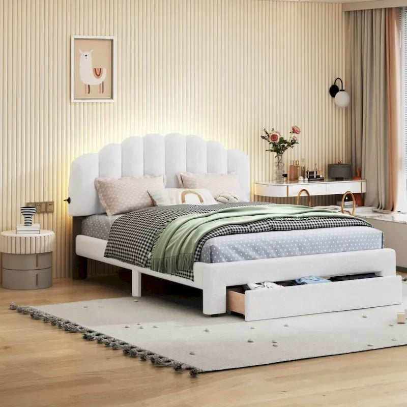 Teddy Fleece Queen Size Upholstered Platform Bed with Drawer