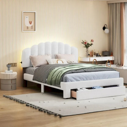 Teddy Fleece Queen Size Upholstered Platform Bed with Drawer