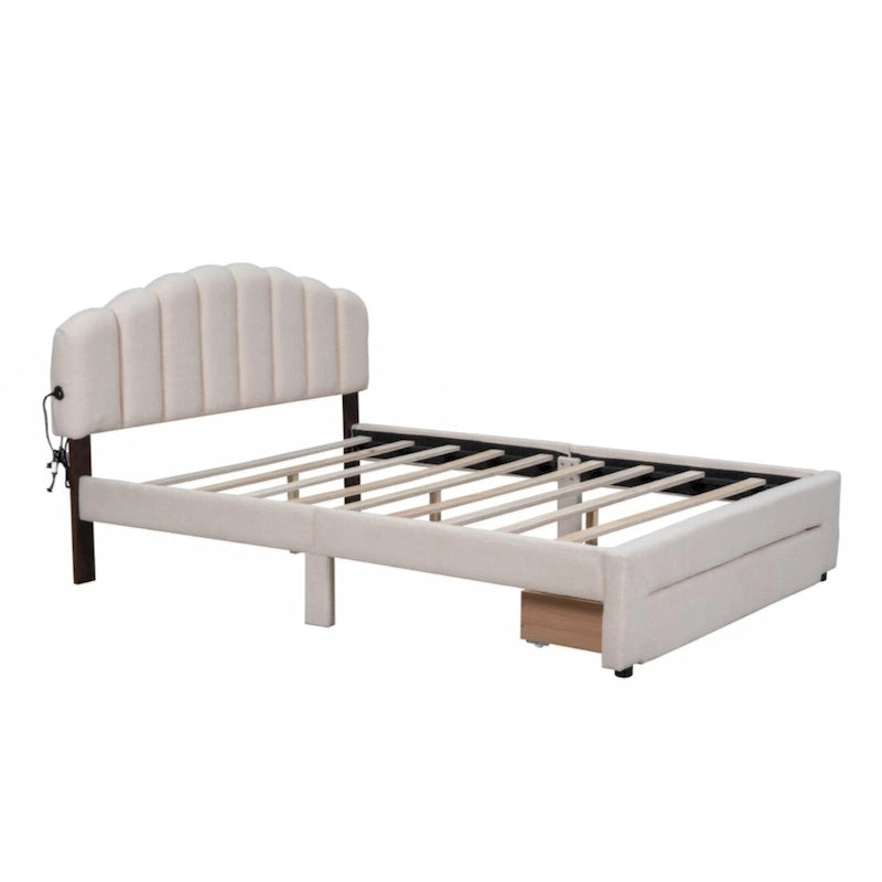 Teddy Fleece Queen Size Upholstered Platform Bed with Drawer