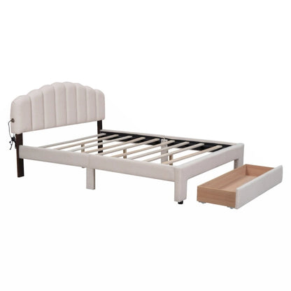 Teddy Fleece Queen Size Upholstered Platform Bed with Drawer