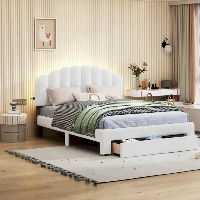 Teddy Fleece Queen Size Upholstered Platform Bed with Drawer