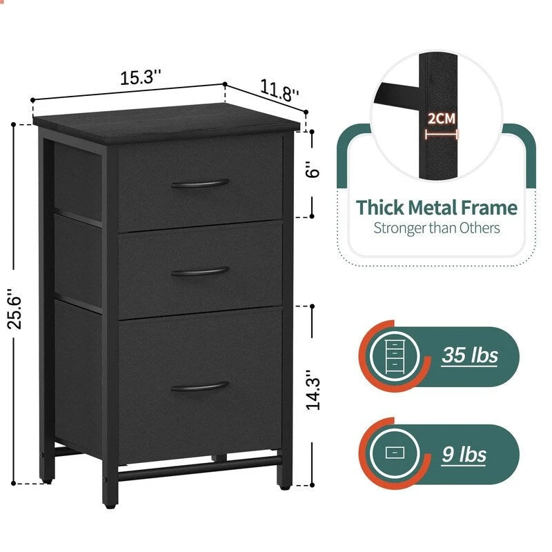 Night Stand Bedside Table with 3 Storage Drawers