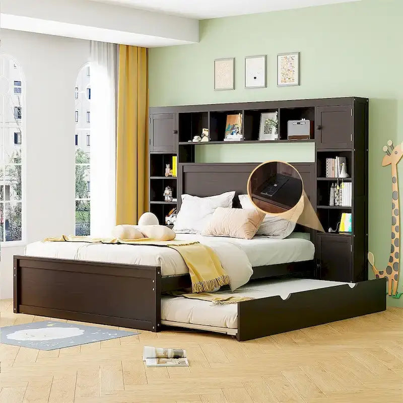 Queen Size Wooden Bed with All-in-One Cabinet, Shelf and Sockets