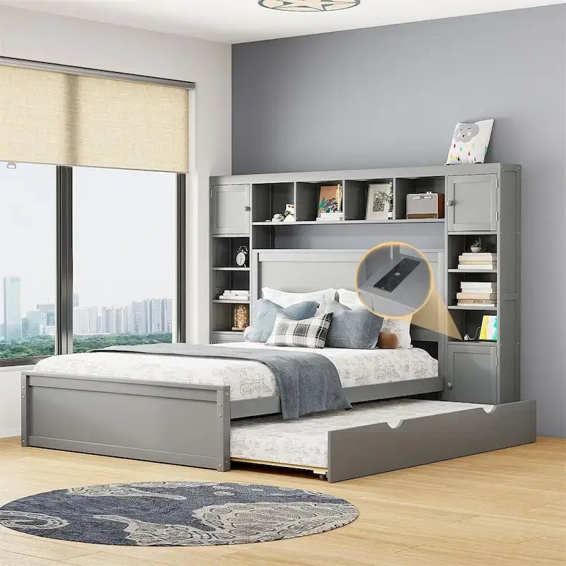 Queen Size Wooden Bed with All-in-One Cabinet, Shelf and Sockets