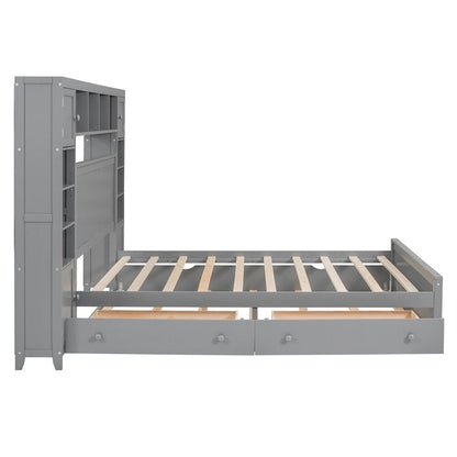 Queen Size Wooden Bed with All-in-One Cabinet, Shelf and Sockets