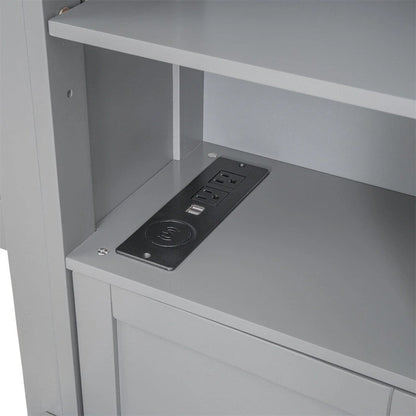 Queen Size Wooden Bed with All-in-One Cabinet, Shelf and Sockets