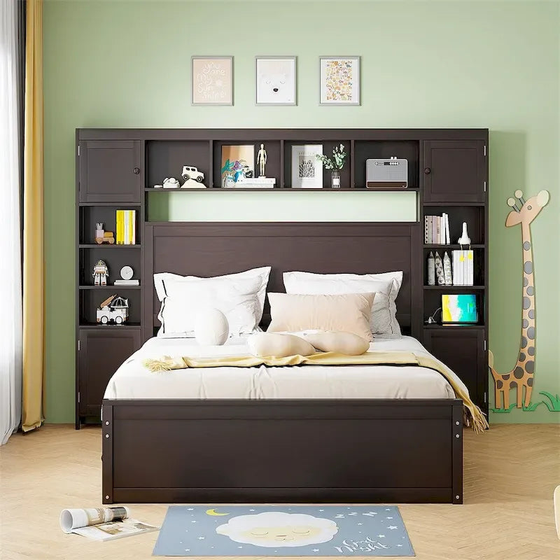 Queen Size Wooden Bed with All-in-One Cabinet, Shelf and Sockets