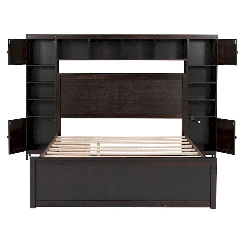 Queen Size Wooden Bed with All-in-One Cabinet, Shelf and Sockets