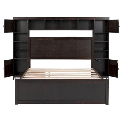 Queen Size Wooden Bed with All-in-One Cabinet, Shelf and Sockets