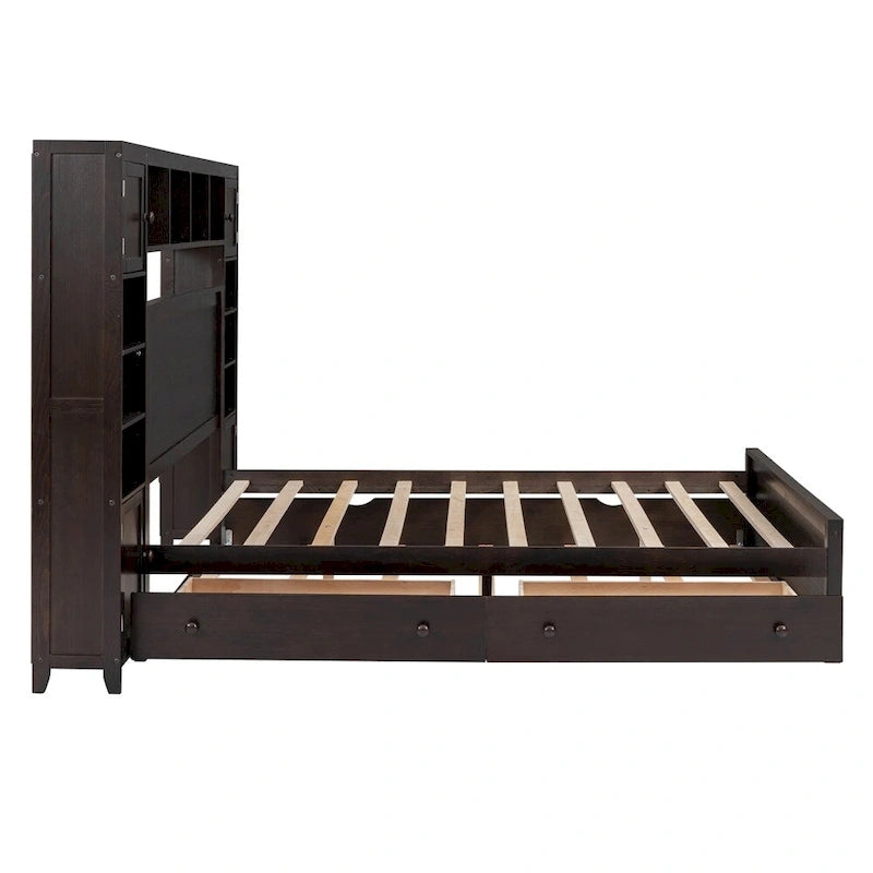 Queen Size Wooden Bed with All-in-One Cabinet, Shelf and Sockets