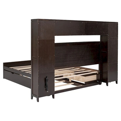 Queen Size Wooden Bed with All-in-One Cabinet, Shelf and Sockets