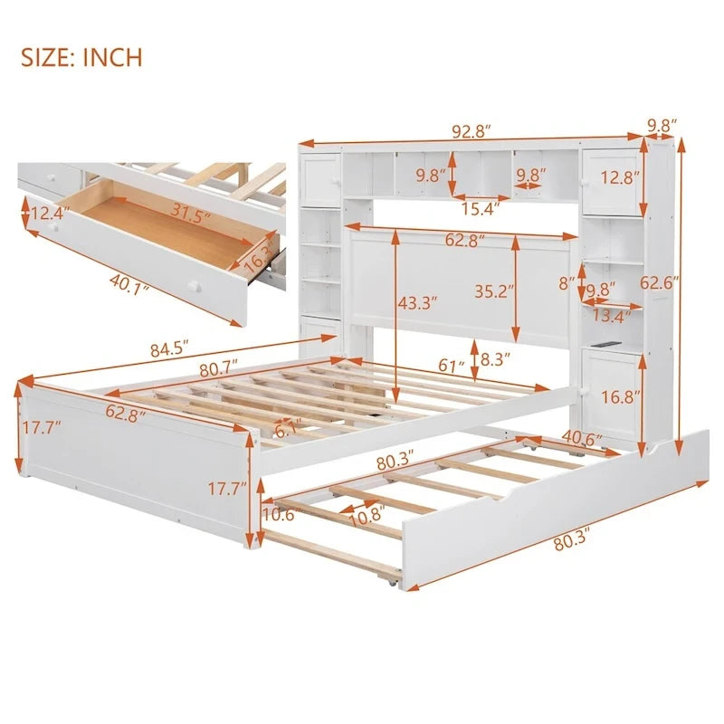 Queen Size Wooden Bed with All-in-One Cabinet, Shelf and Sockets