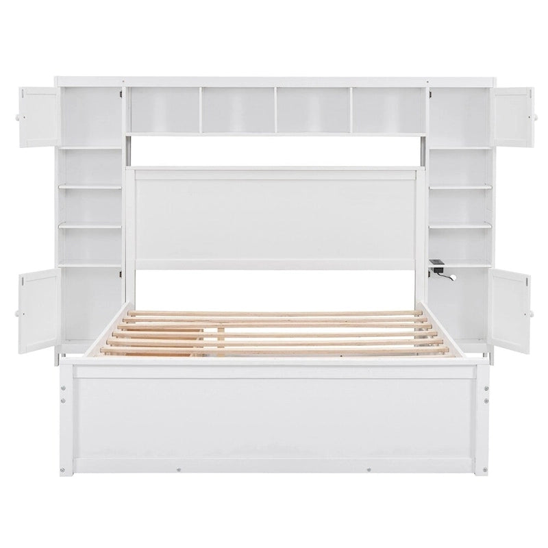 Queen Size Wooden Bed with All-in-One Cabinet, Shelf and Sockets