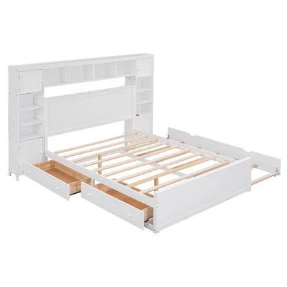 Queen Size Wooden Bed with All-in-One Cabinet, Shelf and Sockets