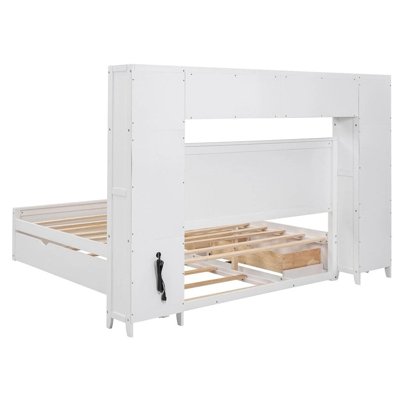 Queen Size Wooden Bed with All-in-One Cabinet, Shelf and Sockets