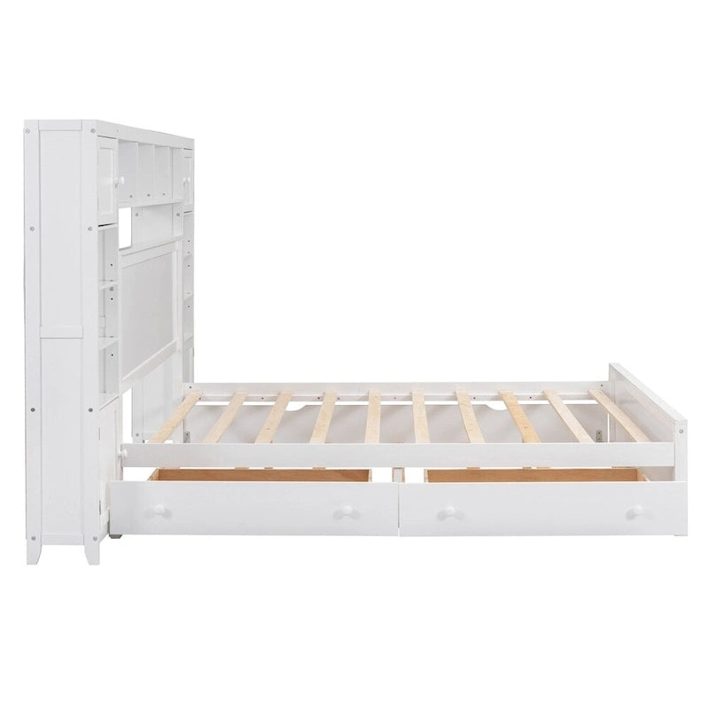 Queen Size Wooden Bed with All-in-One Cabinet, Shelf and Sockets