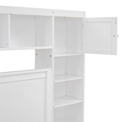 Queen Size Wooden Bed with All-in-One Cabinet, Shelf and Sockets