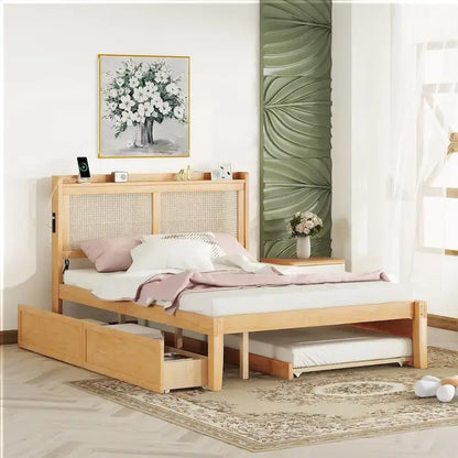 Elegant Bed Frame with Rattan Headboard and Sockets