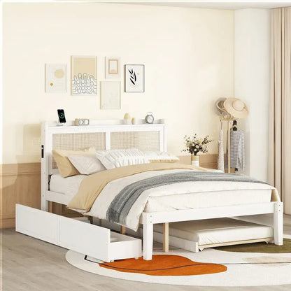 Elegant Bed Frame with Rattan Headboard and Sockets