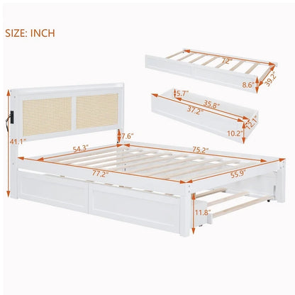 Elegant Bed Frame with Rattan Headboard and Sockets