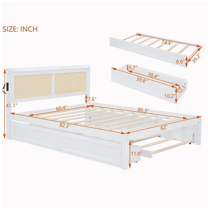 Elegant Bed Frame with Rattan Headboard and Sockets
