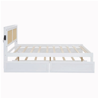 Elegant Bed Frame with Rattan Headboard and Sockets